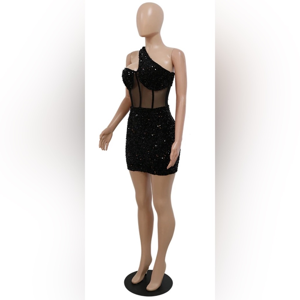 Sexy Glitter Sequin Mesh Patchwork One Oblique Shoulder Bodycon Party Dresses💕